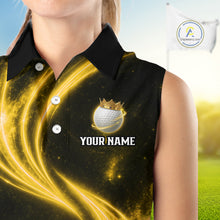 Load image into Gallery viewer, Female golfer wearing galaxy yellow crown golf ball polo shirt, women's golf apparel, tournament golf outfit
