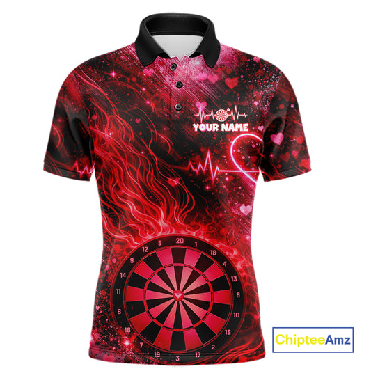 Heart Beat Red Grunge Flame Dartboard Men Darts Valentine Shirt Custom Dart Polo Couple Gifts NYN2535