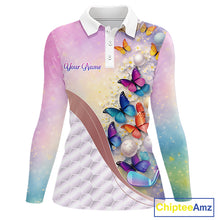 Load image into Gallery viewer, Colorful Butterfly Womens Golf Polo Shirt Custom Name Floral White Golf Ball Clothes Jerseys NYN2911