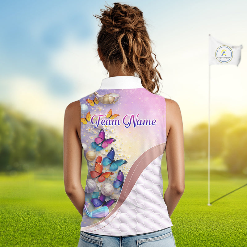 Colorful Butterfly Womens Sleeveless Golf Polo Shirt Custom Name Floral White Golf Ball Jerseys NYN2911