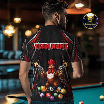 Black And Red Grunge Rooster Gun 8 Ball Mens Billiard Polo Shirts Custom Funny Billiard Team Apparel NYN3297