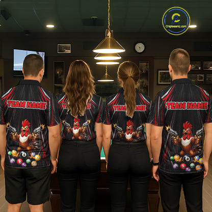 Black And Red Grunge Rooster Gun 8 Ball Mens Billiard Polo Shirts Custom Funny Billiard Team Apparel NYN3297
