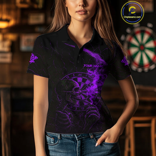 Purple Smoking Skeleton Bone Grunge Dartboard Custom Women Polo Dart Jerseys Dart Gifts NYN2035