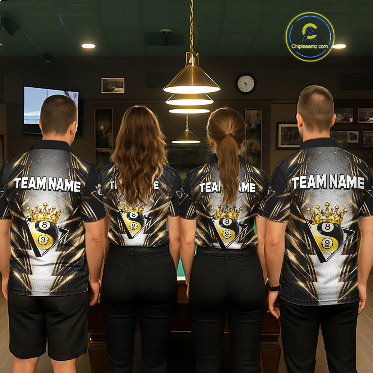Grey, Black And Gold 8 Ball Crown Billiard Polo & 1/4 Zip Shirt For Men Custom Pool Team Jersey NYN2921