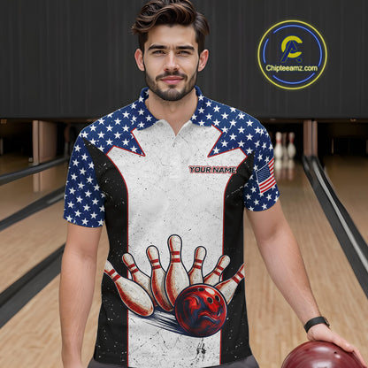 Grunge Patriotic Bowling Jerseys For Men Custom US Flag Bowling Polo 1/4-Zip Shirt, Gift For Bowlers NYN3126