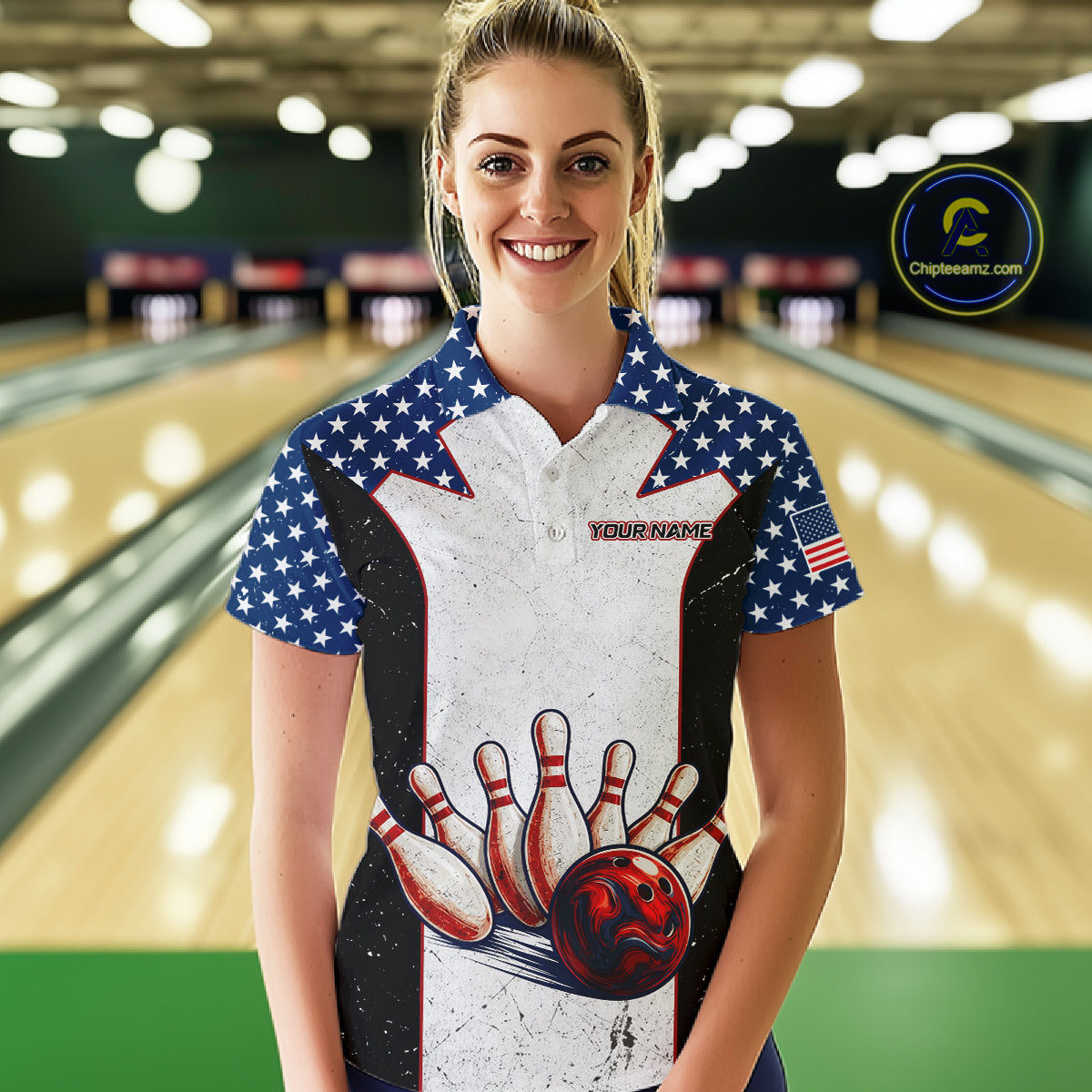 Grunge Patriotic Bowling Jerseys For Women Custom US Flag Bowling Polo 1/4-Zip Shirt, Gift For Bowlers NYN3126