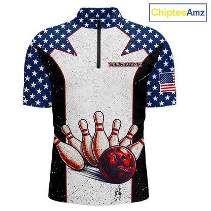 Grunge Patriotic Bowling Jerseys For Men Custom US Flag Bowling Polo 1/4-Zip Shirt, Gift For Bowlers NYN3126