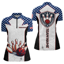 Load image into Gallery viewer, Grunge Patriotic Bowling Jerseys For Women Custom US Flag Bowling Polo 1/4-Zip Shirt, Gift For Bowlers NYN3126