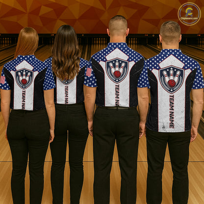 Grunge Patriotic Bowling Jerseys For Women Custom US Flag Bowling Polo 1/4-Zip Shirt, Gift For Bowlers NYN3126