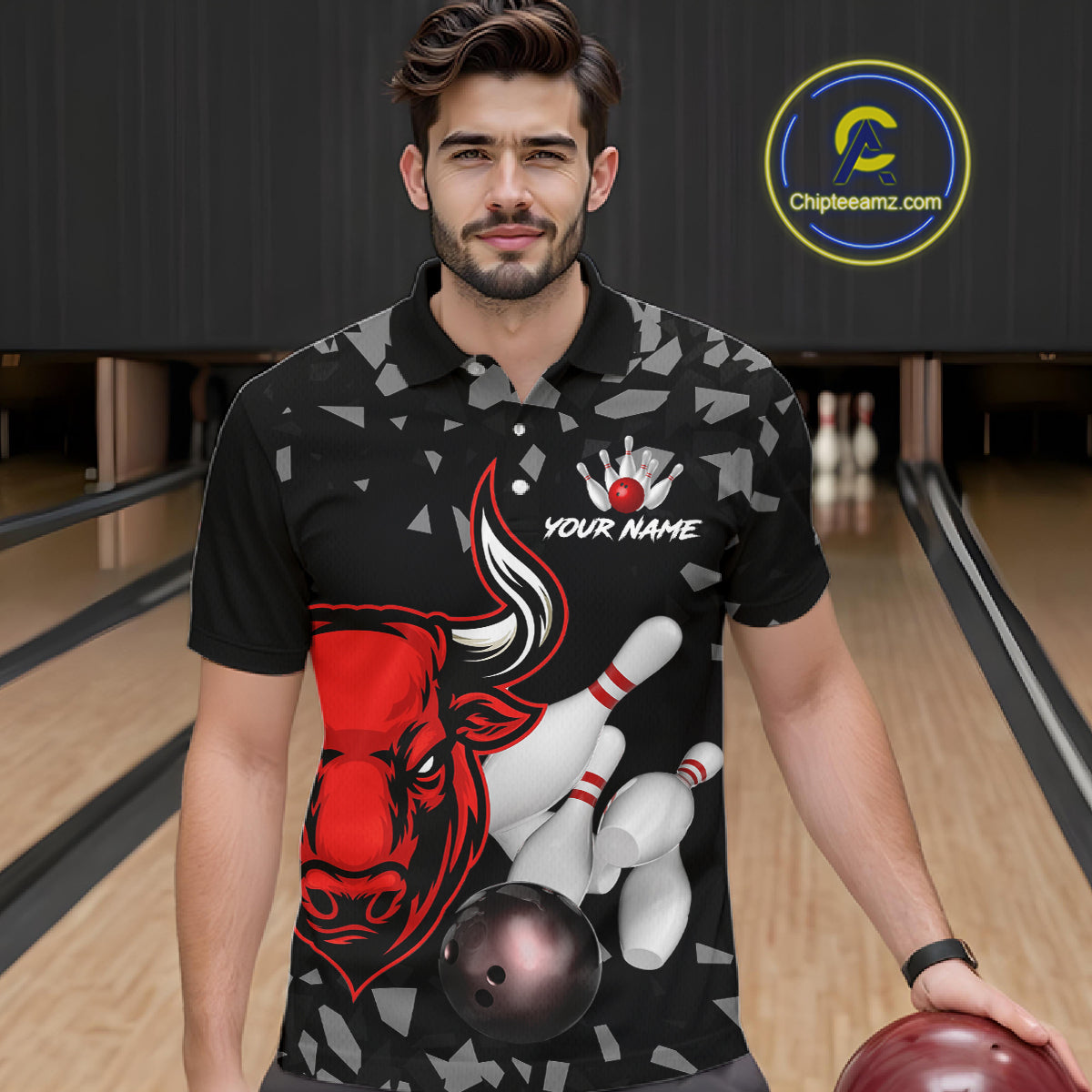 Funny Bull Grunge Red Bowling Polo & 1/4 Zip Shirts For Men Custom Outftis Team Bowling Jerseys NYN3129