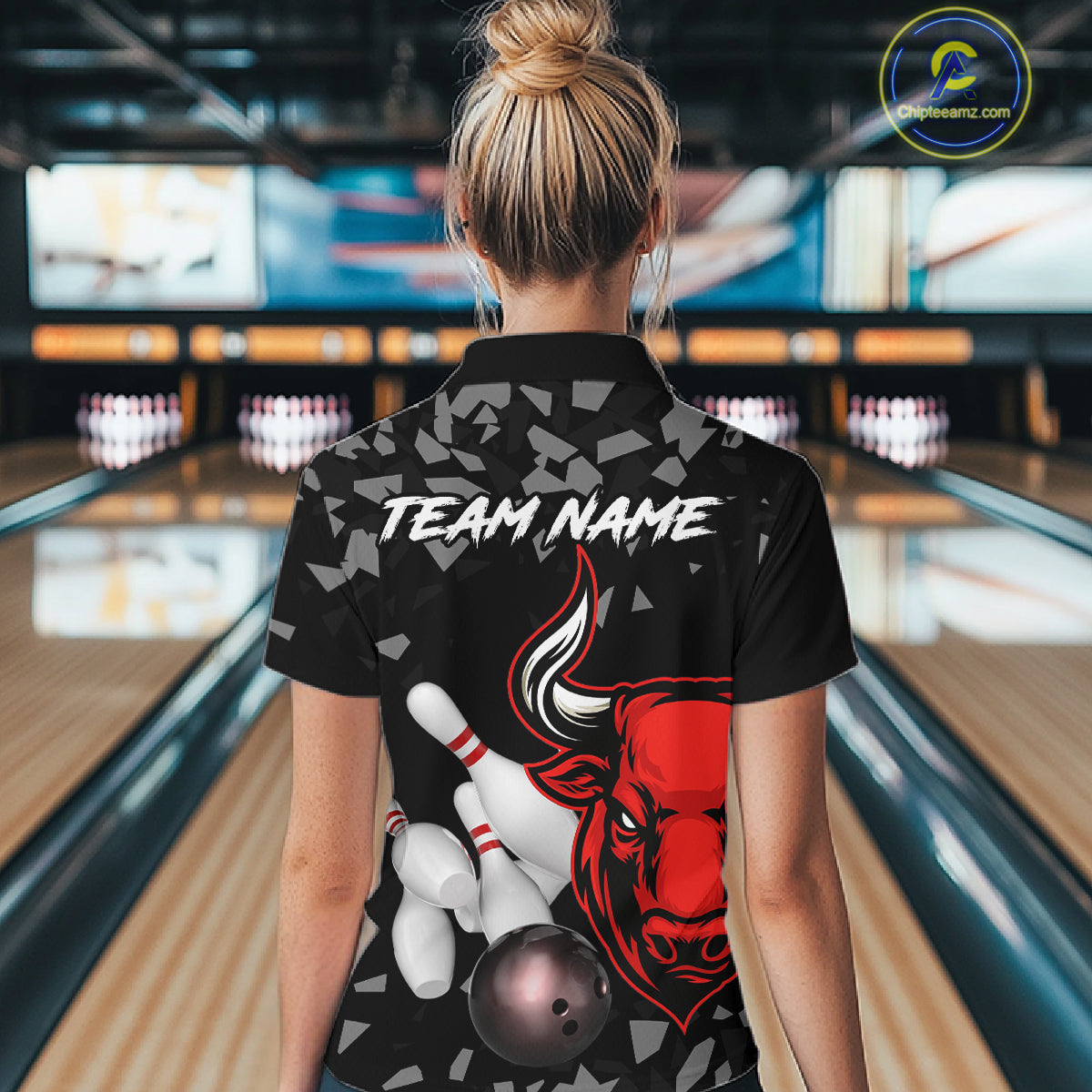 Funny Bull Grunge Red Bowling Polo & 1/4 Zip Shirts For Women Custom Outftis Team Bowling Jerseys NYN3129