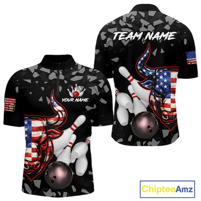 Funny US Flag Bull Grunge Bowling Polo & 1/4 Zip Shirts For Men Custom Team Bowling Jerseys NYN3130
