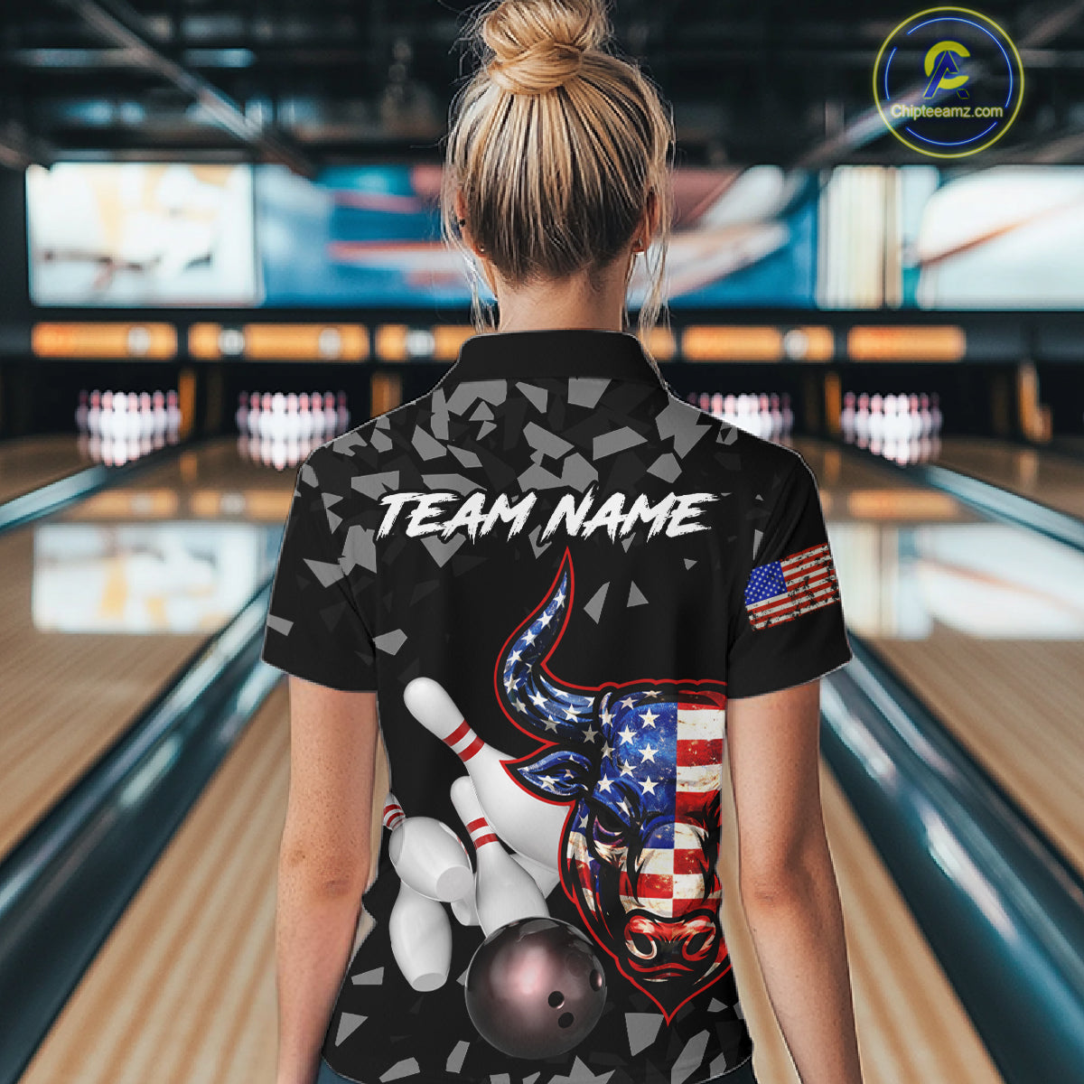 Funny US Flag Bull Grunge Bowling Polo & 1/4 Zip Shirts For Women Custom Team Bowling Jerseys NYN3130