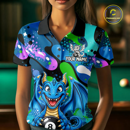 Blue Splatter Funny Dragon 8 Ball Pool Billiard Shirts For Women Custom Cute Billiard Team Outfits NYN3302