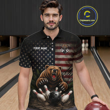 Load image into Gallery viewer, Male bowler wearing funny retro bear American flag bowling jersey, patriotic bowling shirt, custom bowling league apparel