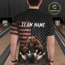 Load image into Gallery viewer, Male bowler wearing funny retro bear American flag bowling jersey, patriotic bowling shirt, custom bowling league apparel