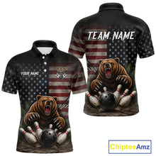 Load image into Gallery viewer, Funny retro bear men's bowling polo shirt, American flag bowling jersey, patriotic bowling team uniform, custom bowling apparel, personalized bowling league shirt