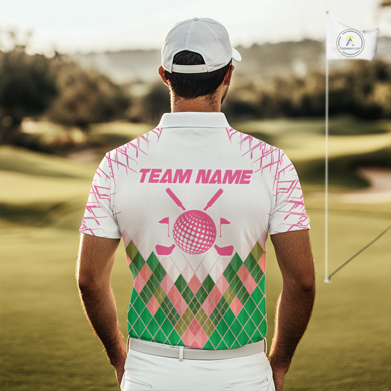 Mens Golf Clothing Green And Pink Argyle Pattern Golf Polo Shirt Custom Golf Upf Shirts NYN2930