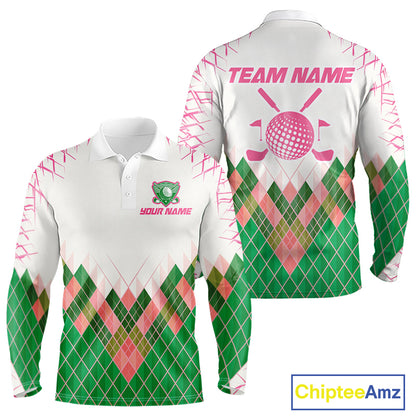 Mens Golf Clothing Green And Pink Argyle Pattern Golf Polo Shirt Custom Golf Upf Shirts NYN2930