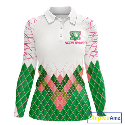 Women Golf Clothing Green And Pink Argyle Pattern Golf Polo Shirt Custom Golf Upf Shirts NYN2930