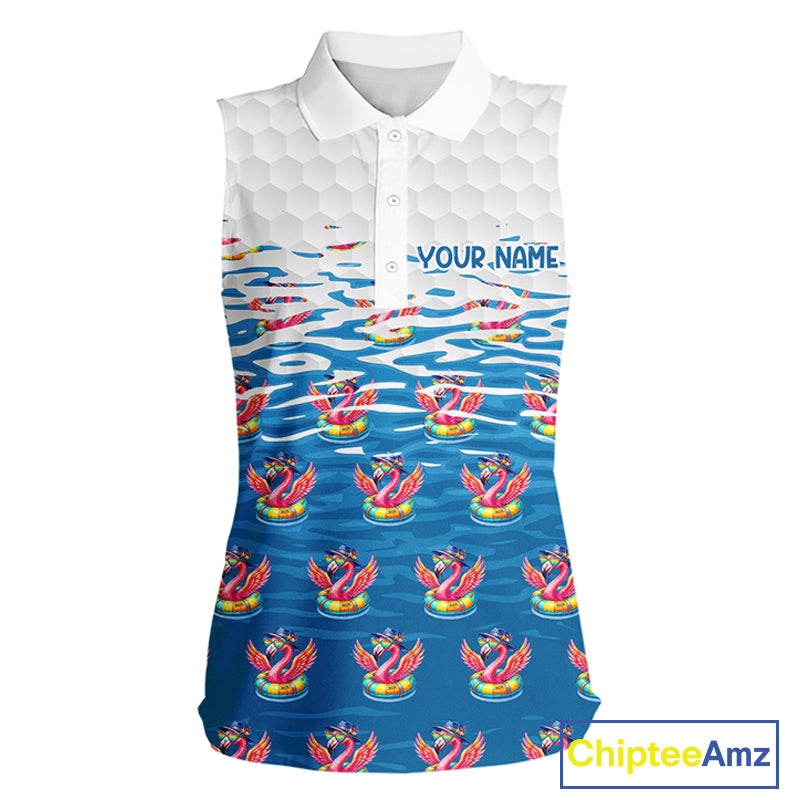 Flamingo Golf Clothing Waving Summer Golf Sleeveless Shirt Women Custom Floral Golf Polo, Best Golf Gifts NYN2937