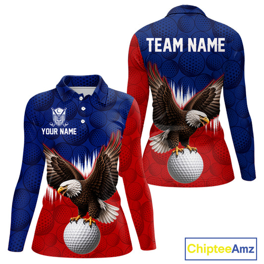 Red blue American flag eagle golf polo long sleeve shirt for women patriotic golf jersey