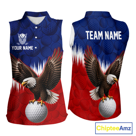 Red blue American flag eagle golf polo shirt for women patriotic golf jersey