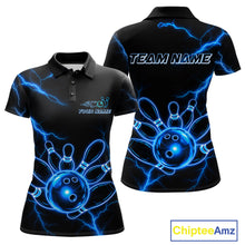 Load image into Gallery viewer, Blue Lightning Thunder Neon Bowling Polo Shirt For Women Custom Bowling Team Jersey Personalized League Bowler Apparel