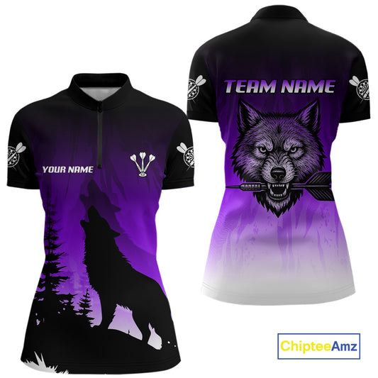 Personalized Wolf-Head Dart Arrows Purple Dart Quarter-Zip Shirt For Women Dart Team Jerseys NYN2283