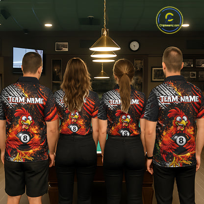 Funny Rooster Plays Pool 8 Ball 3D Billiard Shirt For Men Custom Grunge Flame Billiard Team Attire NYN2566