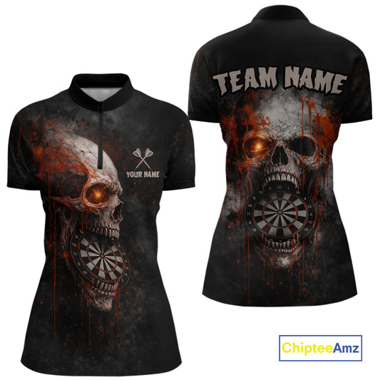Horror Orange Splatter Grunge Skull Dartboard Dart Quarter-Zip Shirts For Women Custom Dart Team Jerseys NYN2727