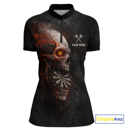 Horror Orange Splatter Grunge Skull Dartboard Dart Quarter-Zip Shirts For Women Custom Dart Team Jerseys NYN2727