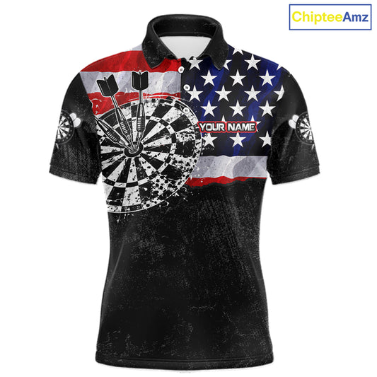 American Flag Grunge Dartboard Men's Dart Polo Shirt, Personalized USA Dart League Jersey, Athletic Apparel