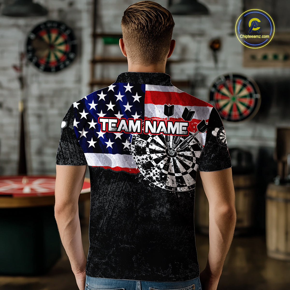 Male model wearing American Flag dart polo, patriotic dart team jersey, confidence, competitive athlete