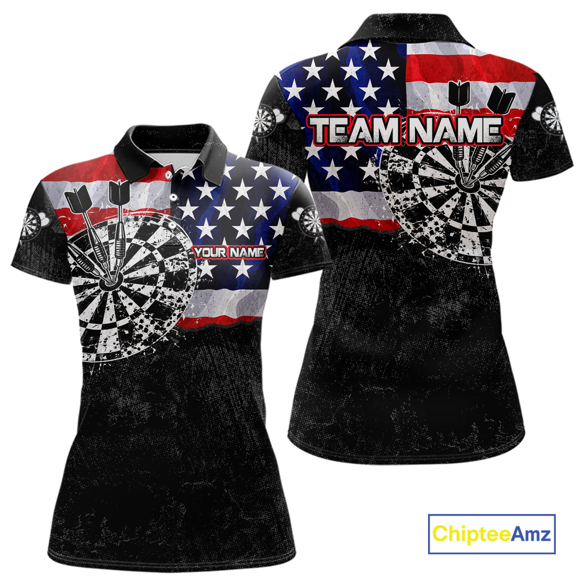 American Flag Grunge Dartboard Women's Dart Polo Shirt, Personalized Patriot Dart Team Jersey, Vintage USA Performance Polo, Freedom, Honor