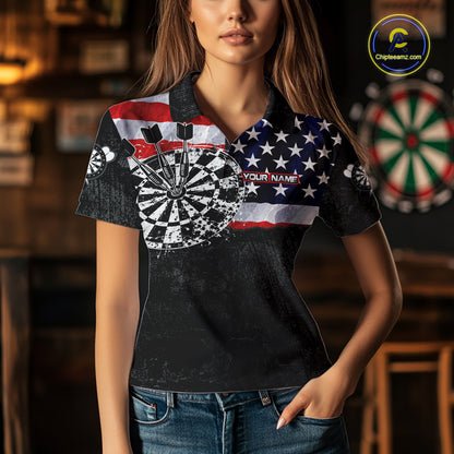 Female model wearing Patriotic American Flag dart polo during tournament, vintage USA sports apparel, leadership