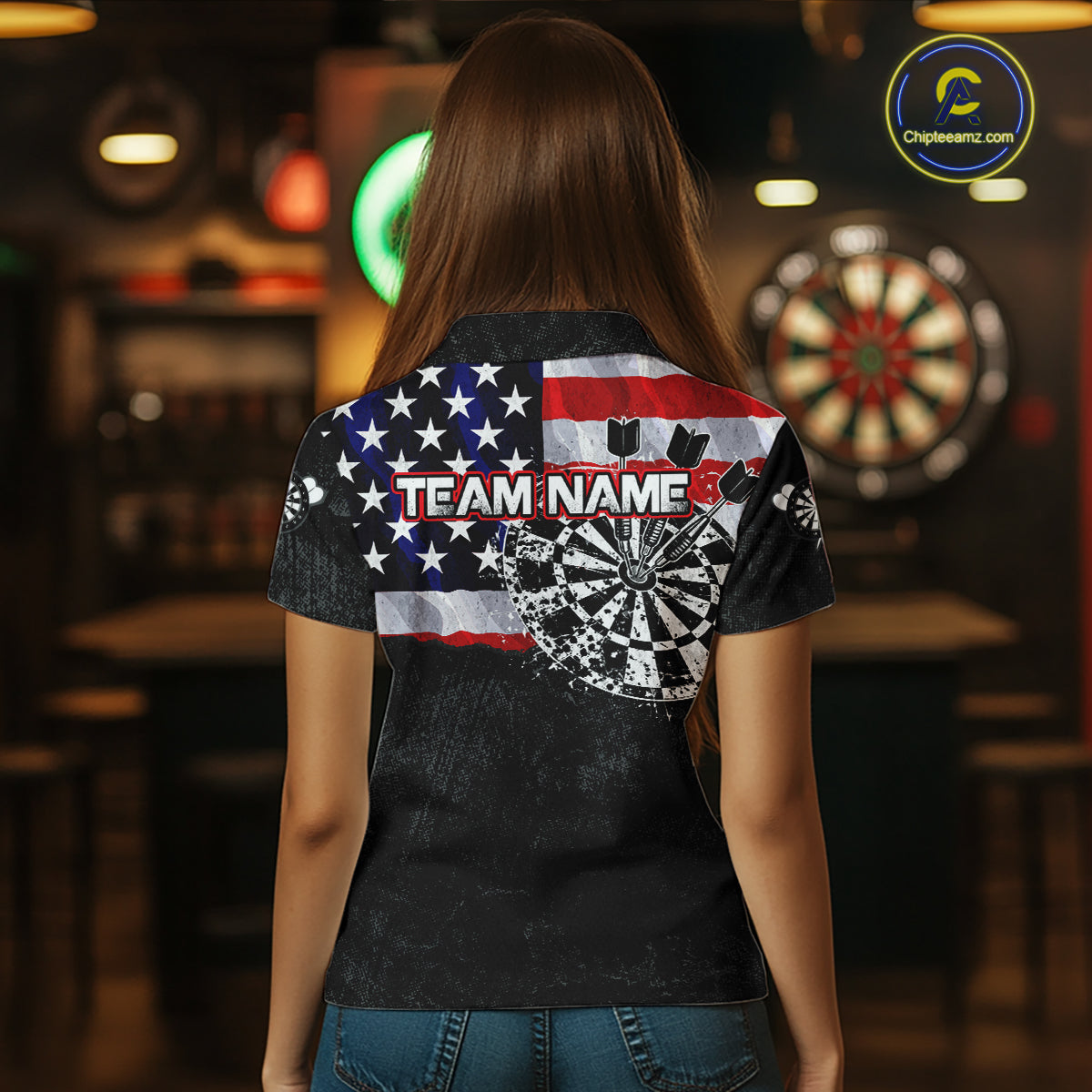 Female model wearing Patriotic American Flag dart polo during tournament, vintage USA sports apparel, leadership