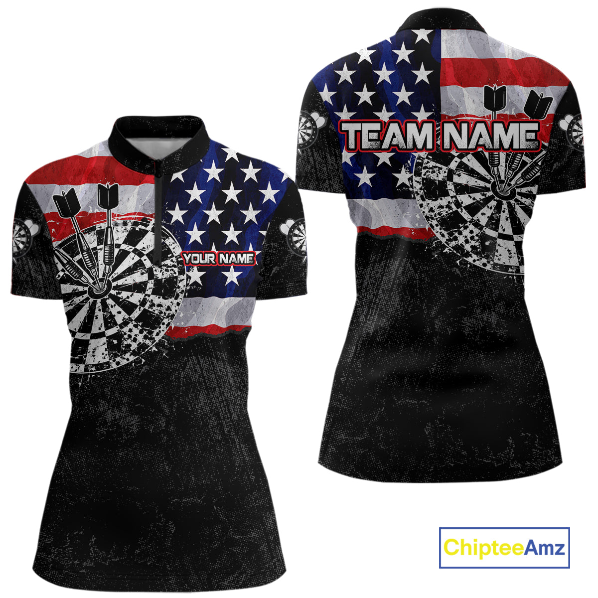American Flag Women's Dart Quarter-Zip Shirt, Personalized Patriot Dart Tournament Jersey, Performance Sportswear