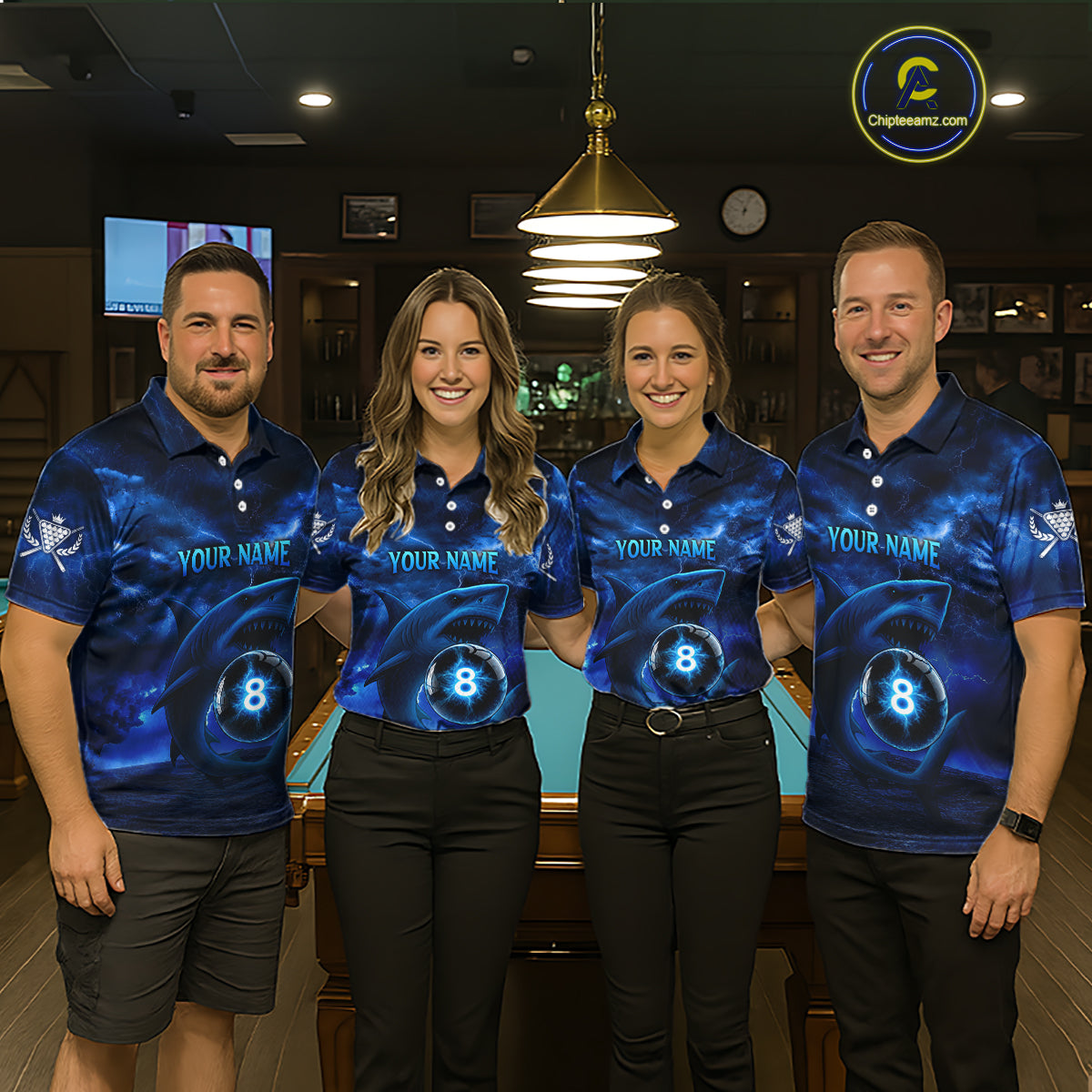 Blue Funny Shark Light 8 Ball Billiard Shirts For Women Custom Pool Billiard Team Jerseys NYN2289