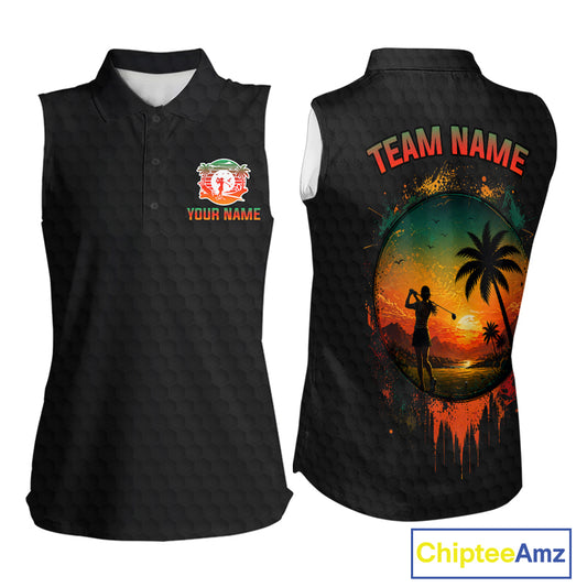 Tropical Black Golf Ball Sleeveless Polo Golf Shirts For Women Custom Splatter Golf Team Attire For Golfers NYN3153