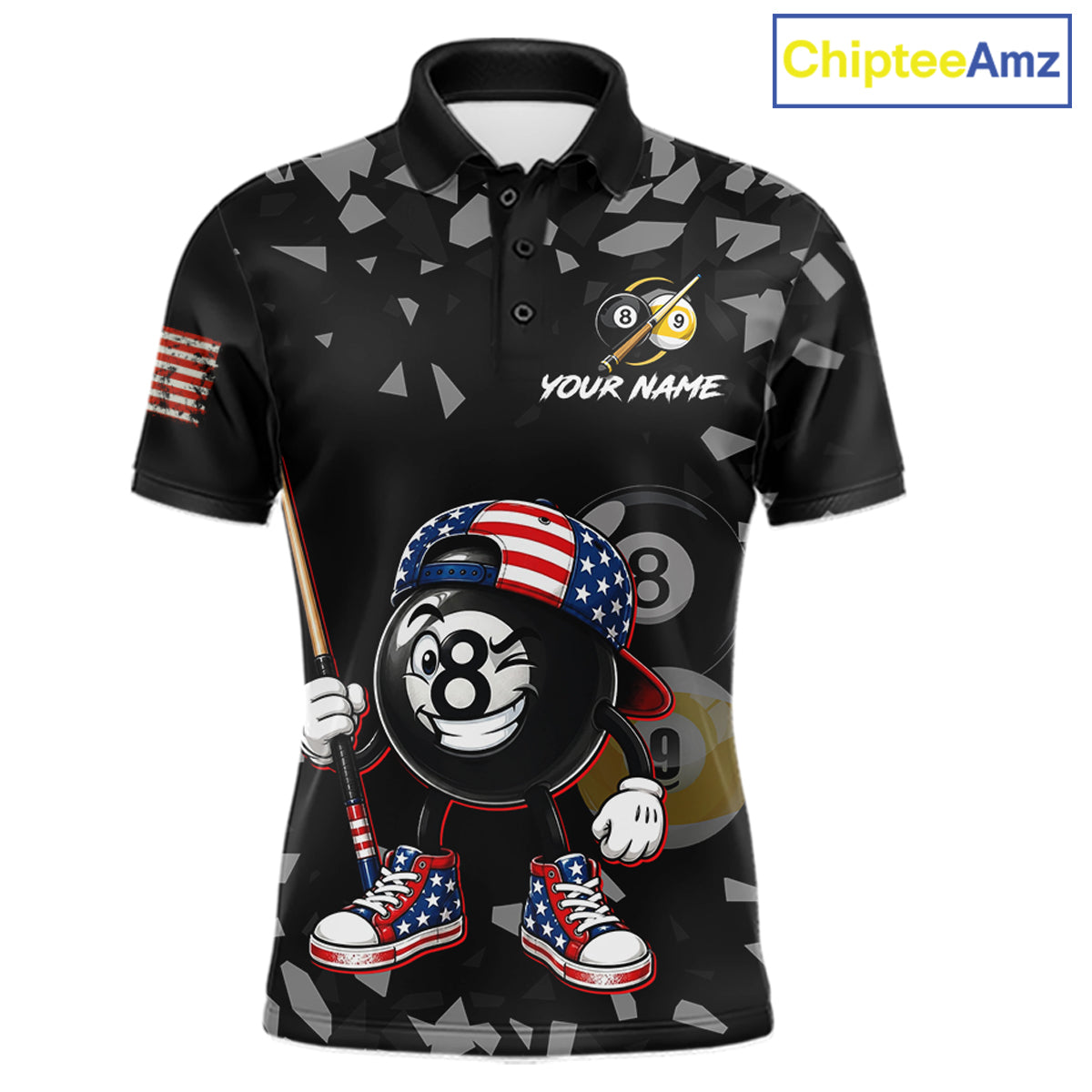 US Flag Funny 8 Ball Pool Polo Shirt For Men, Patriotic Billiard Team Jersey, Custom Pool League Apparel, Personalized Uniform
