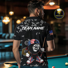 Load image into Gallery viewer, Male Pool Player Wearing Funny US Flag 8 Ball Billiard Shirt, Patriotic Pool League Clothing