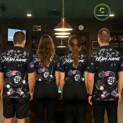 Men women pool team wearing patriotic US Flag Funny 8 Ball billiard jerseys