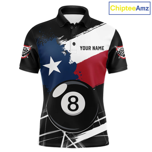 Texas Flag Splash 8 Ball Billiard Polo Shirt For Men, Patriotic Pool Team Jersey, Texas Pool League Apparel