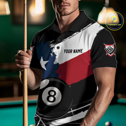 Male Pool Player Wearing Texas Flag 8 Ball Billiard Shirt, Custom Pool League Apparel