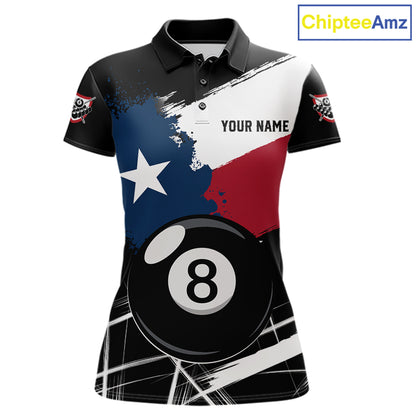 Texas Flag Splash 8 Ball Women's Billiard Polo Shirt Custom Patriotic Pool Team Jersey