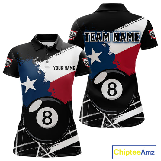 Texas Flag Splash 8 Ball Women's Billiard Polo Shirt Custom Patriotic Pool Team Jersey