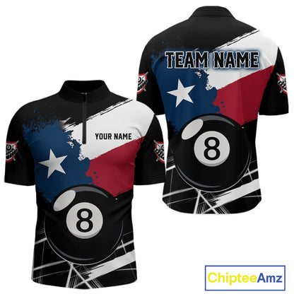 Texas Flag Splash 8 Ball Billiard Quarter-Zip Shirt For Men, Custom Patriotic Billiards Uniform, Pool Team Attire