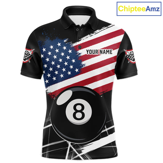 American Flag Splash 8 Ball Billiard Polo Shirt For Men, Patriotic Pool Team Jersey, Custom Billiards League Apparel