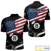 Load image into Gallery viewer, American Flag Splash 8 Ball Billiard Quarter-Zip Shirt For Men, Custom Pool Team Uniform, Patriotic Billiards Attire